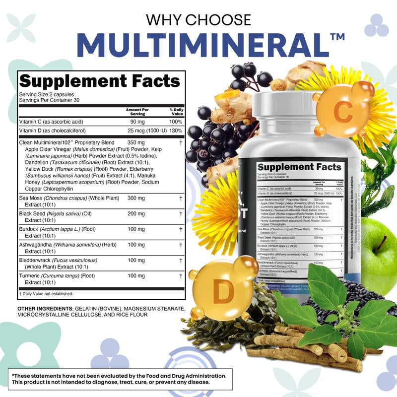 Multimineral Sea Moss Black Seed Oil Ashwagandha Turmeric Bladderwrack Burdock Vitamin C Vitamin D3 with Elderberry Manuka Dietary Supplement Pills