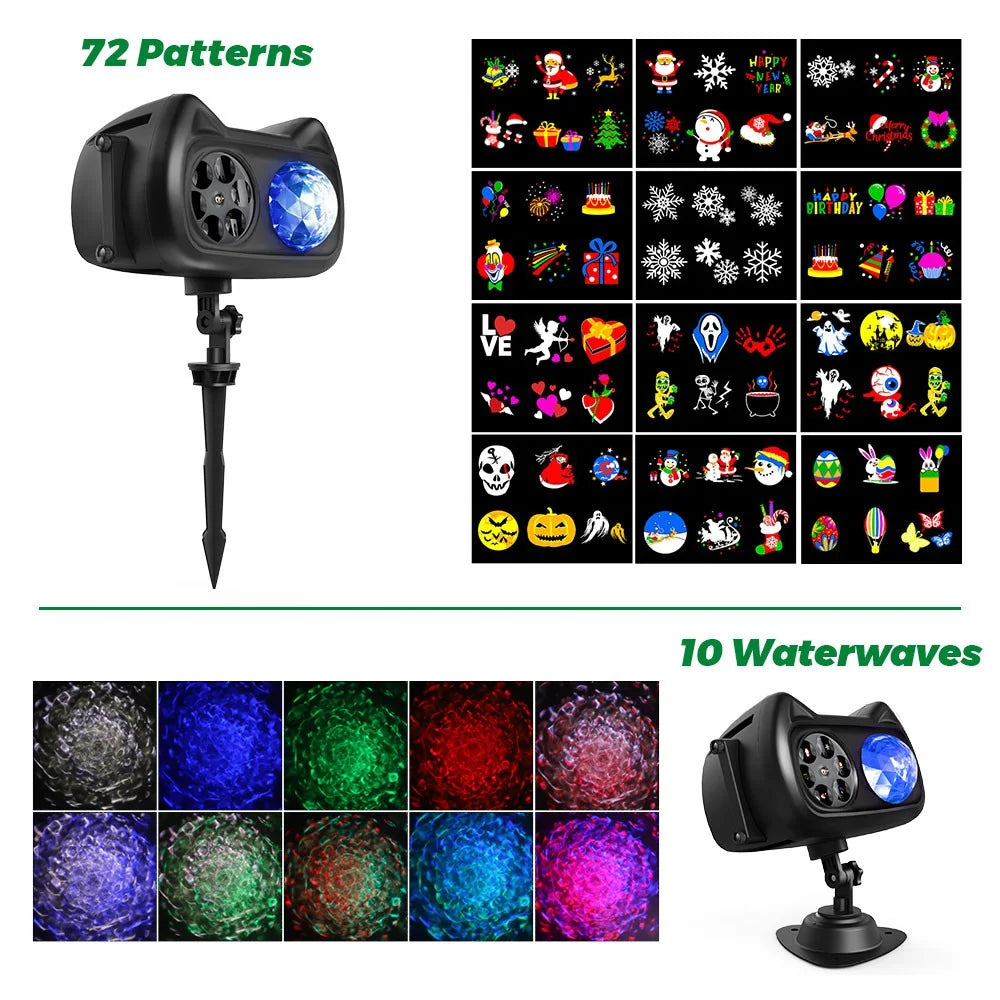 Outdoor Christmas Projector Light with Water Wave and Remote Control,12 Slides 72 Patterns Indoor Holiday Party Projection Lamp for Home Decoration