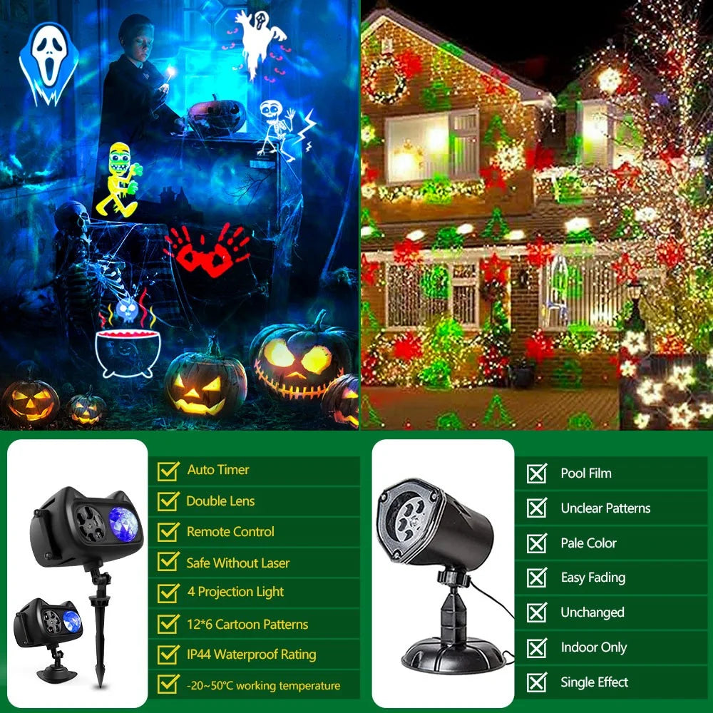 Outdoor Christmas Projector Light with Water Wave and Remote Control,12 Slides 72 Patterns Indoor Holiday Party Projection Lamp for Home Decoration