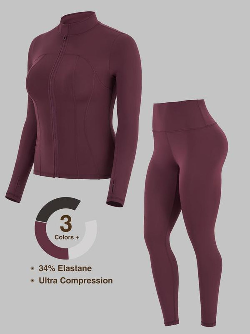 Women'S Solid Zip up Jacket & High Waist Leggings Tracksuit Set, Sporty Breathable Comfy Outfits for Yoga Gym Workout Running, Ladies Sportswear for All Seasons