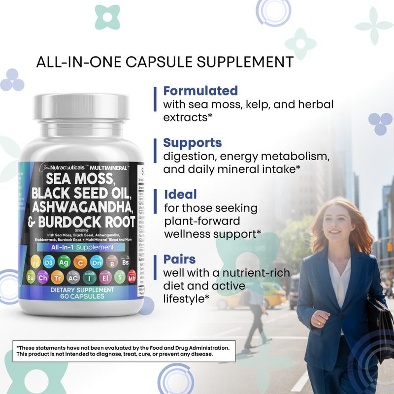 Multimineral Sea Moss Black Seed Oil Ashwagandha Turmeric Bladderwrack Burdock Vitamin C Vitamin D3 with Elderberry Manuka Dietary Supplement Pills