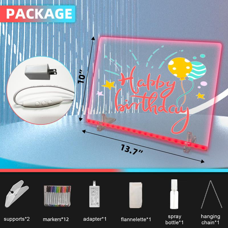 Rewritable LED Acrylic Message Board, 1 Set Including Invisible Stand Adapter 12 Markers Hanging Chain Cleaning Cloth Spray Bottle for Display Board for Home & Store Trendy Gift