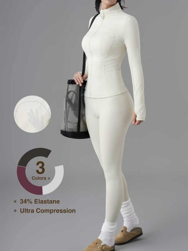 Women'S Solid Zip up Jacket & High Waist Leggings Tracksuit Set, Sporty Breathable Comfy Outfits for Yoga Gym Workout Running, Ladies Sportswear for All Seasons