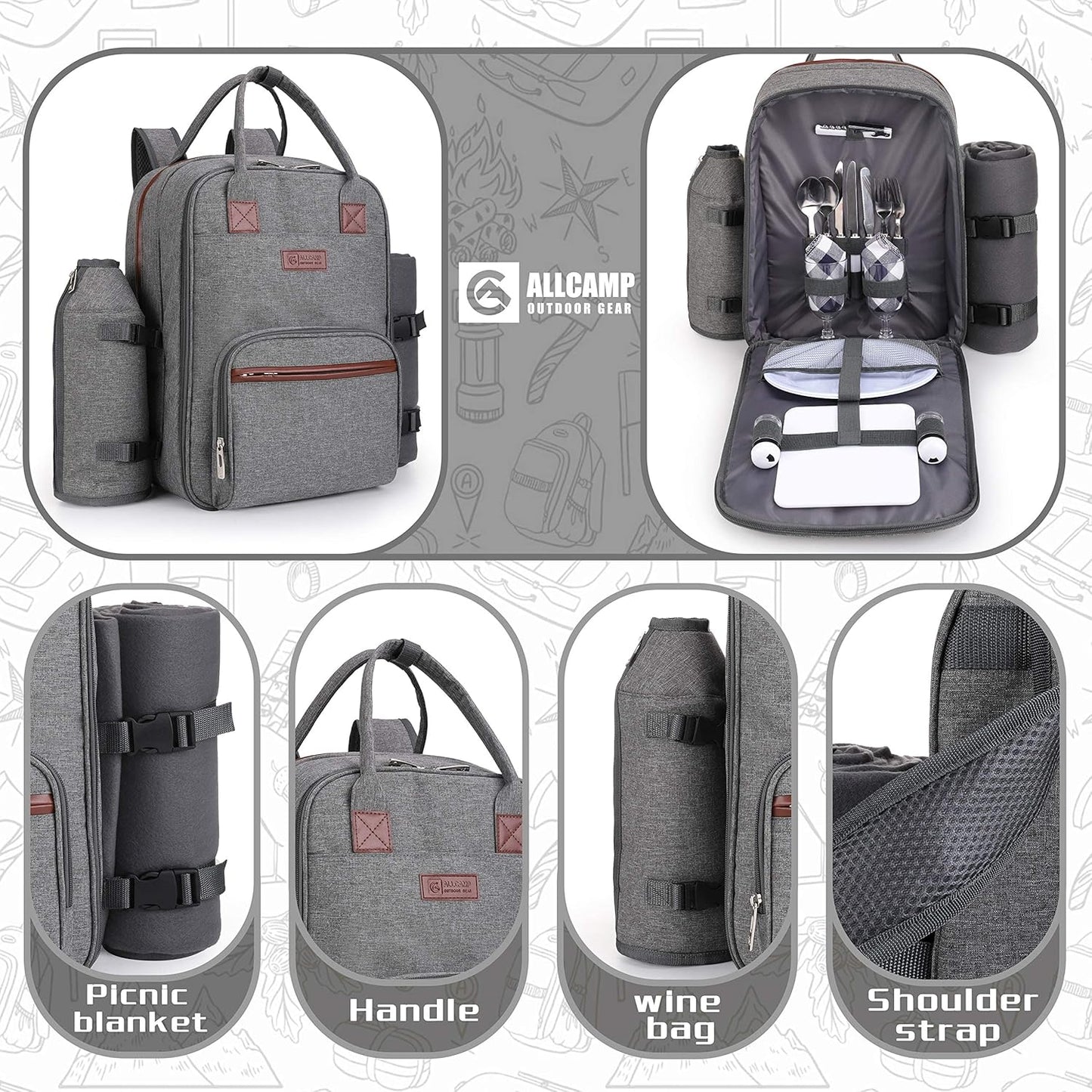 Picnic Backpack for 2 Person W/ Detachable Bottle/Wine Holder, Fleece Blanket, Plates and Cutlery Set (Grey)