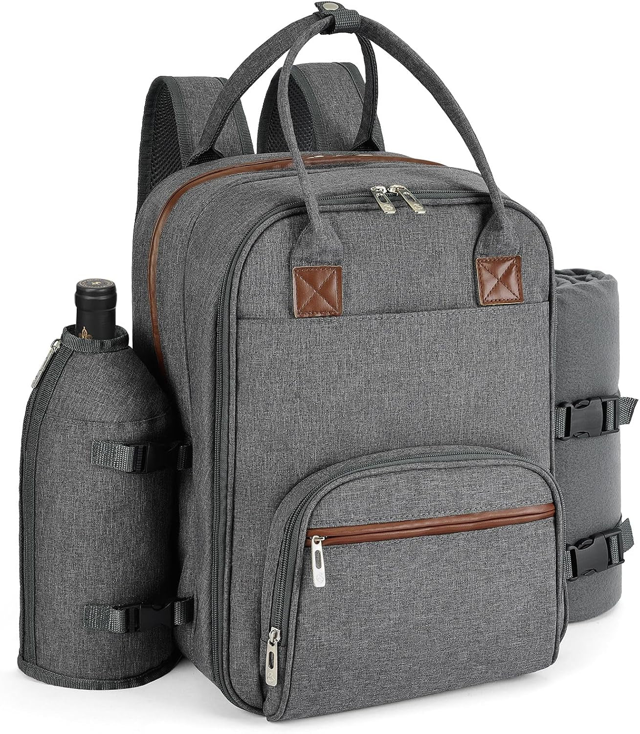 Picnic Backpack for 2 Person W/ Detachable Bottle/Wine Holder, Fleece Blanket, Plates and Cutlery Set (Grey)