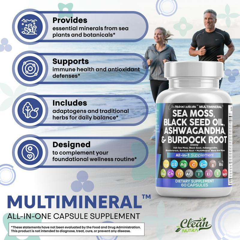 Multimineral Sea Moss Black Seed Oil Ashwagandha Turmeric Bladderwrack Burdock Vitamin C Vitamin D3 with Elderberry Manuka Dietary Supplement Pills