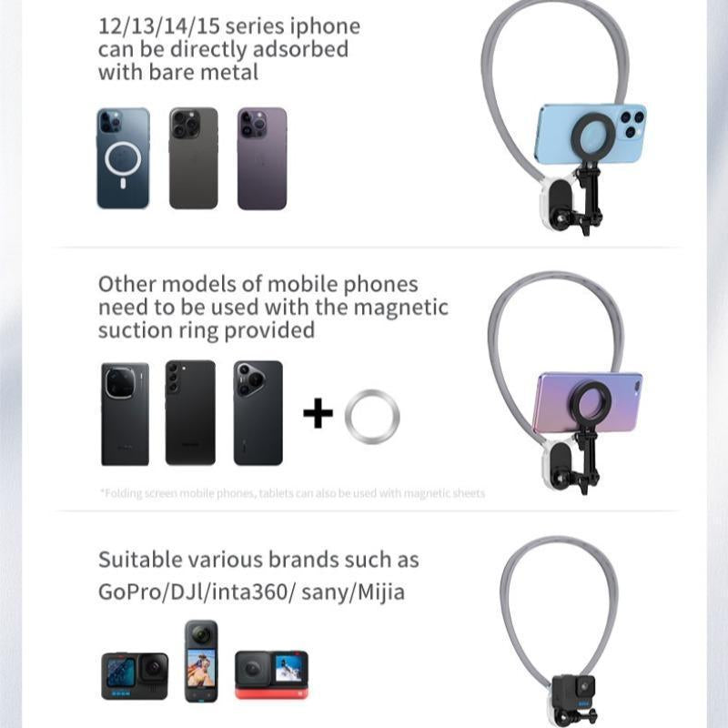 Neck Camera/Phone Holder for Recording, Magnetic Neck Chest Cellphone Mount for Camera Mobile Phone, Hands-Free POV Cell Phone Necklace Holder for Iphone & Android Phones & Sports Camera, Smartphone Stand, Phone Accessories