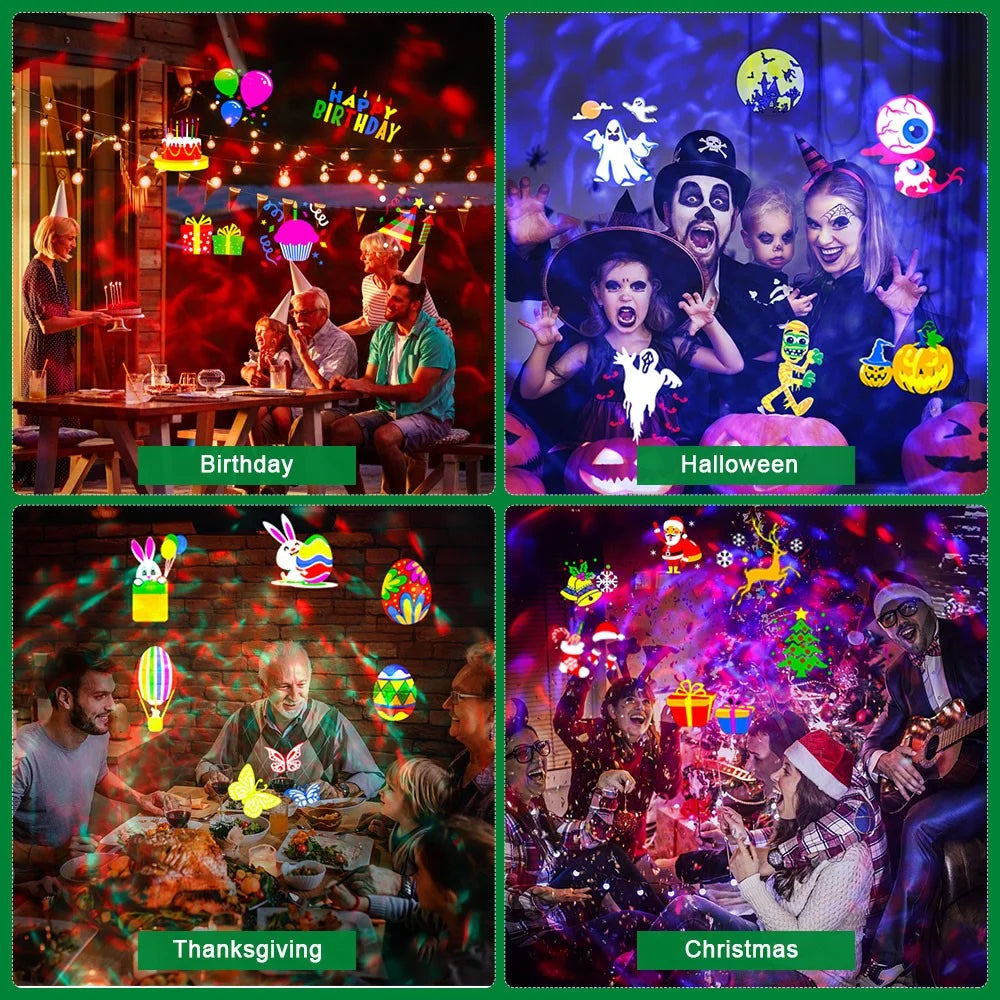 Outdoor Christmas Projector Light with Water Wave and Remote Control,12 Slides 72 Patterns Indoor Holiday Party Projection Lamp for Home Decoration