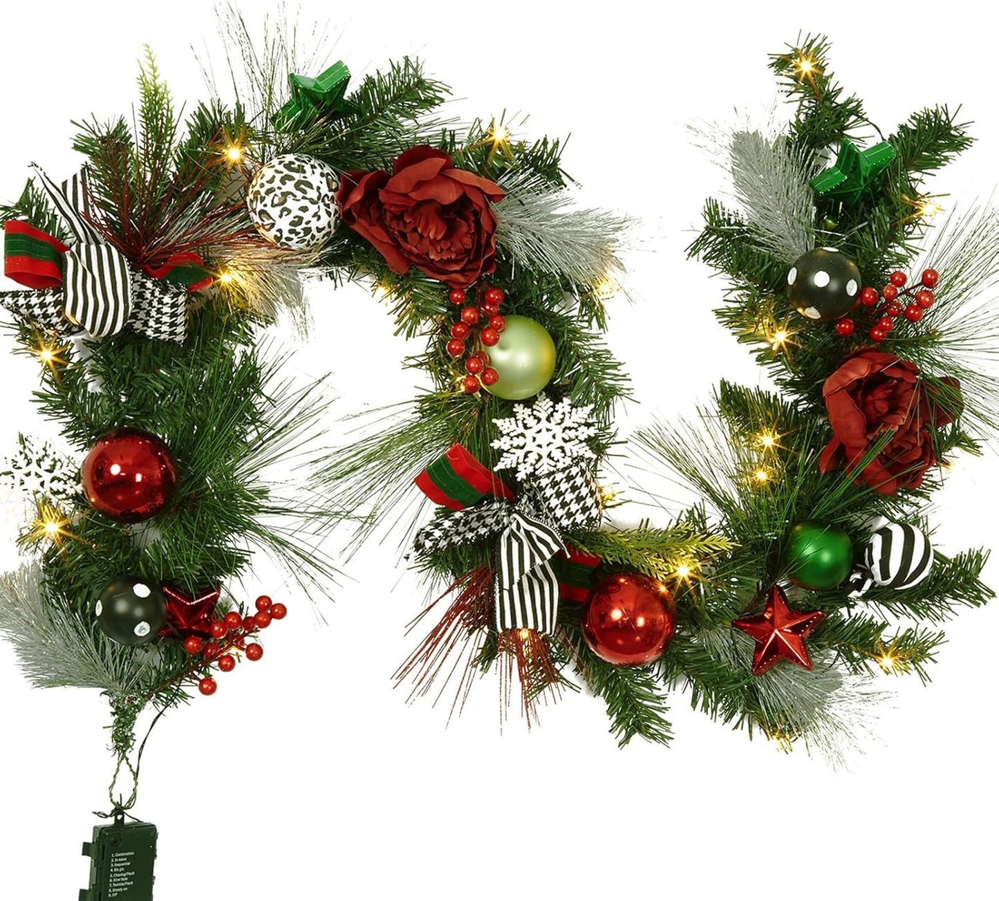 6 FT Christmas Garland with Lights, Pre-Lit Outdoor Garland with Battery Operated 20 LED Lights, Holiday Garland with Stars, Flower, Berry Branches(Red and Green)