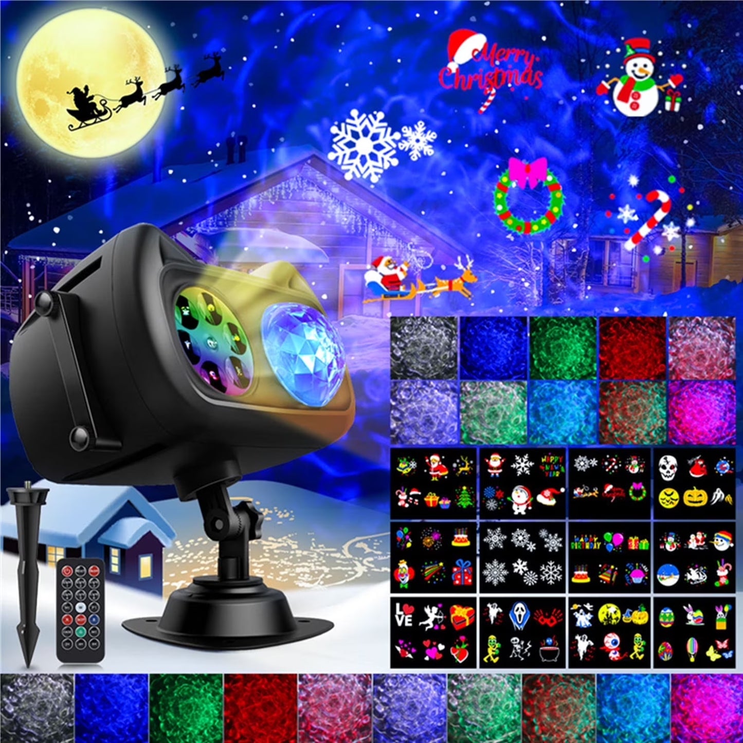 Outdoor Christmas Projector Light with Water Wave and Remote Control,12 Slides 72 Patterns Indoor Holiday Party Projection Lamp for Home Decoration