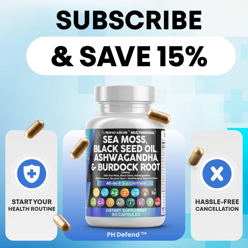 Multimineral Sea Moss Black Seed Oil Ashwagandha Turmeric Bladderwrack Burdock Vitamin C Vitamin D3 with Elderberry Manuka Dietary Supplement Pills