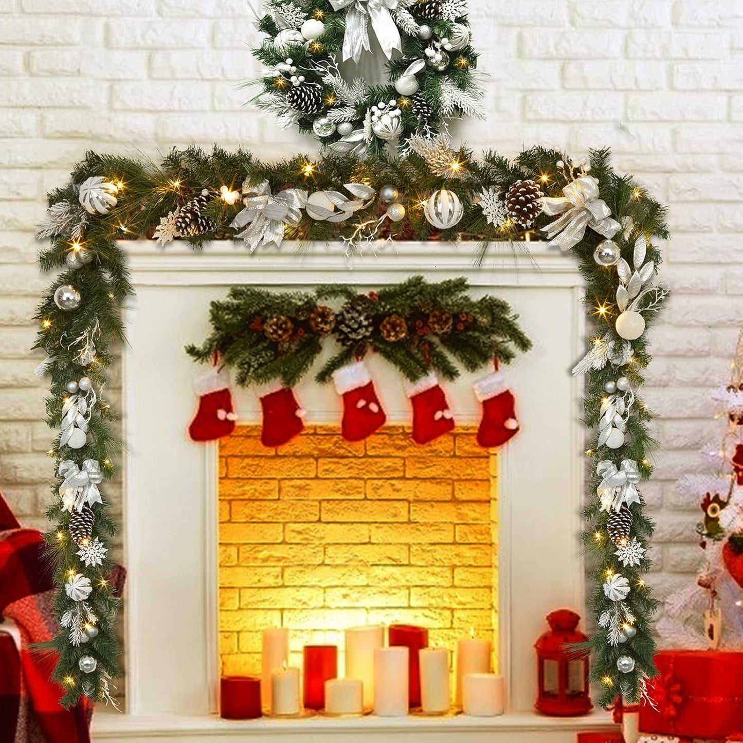 Christmas Garland with Lights, 6 Ft Pre-Lit Silver White Christmas Garland with Ball Ornaments Pine Cones Berries Battery Operated Lights for Indoor Outdoor Fireplace Staircase Decoration