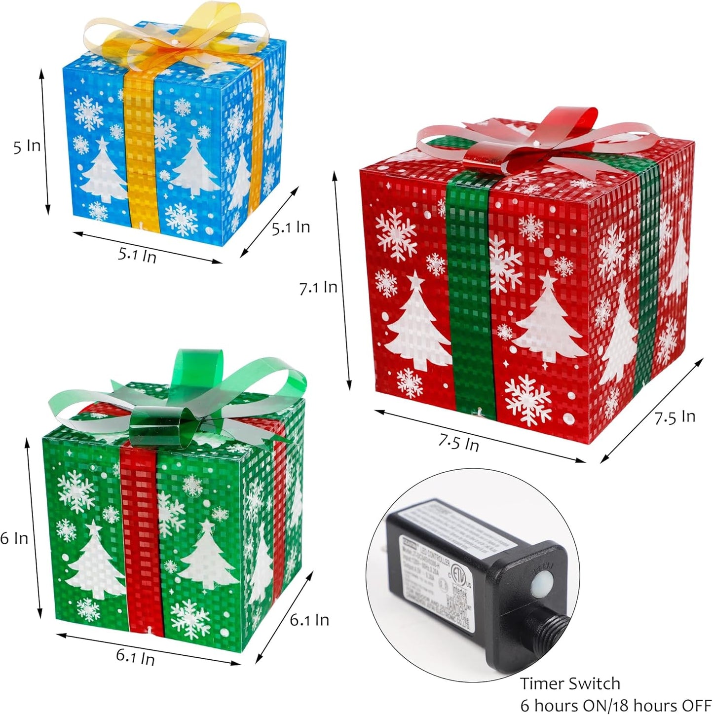 Set of 3 Lighted Gift Boxes Christmas Decorations, 60 LED Lighted Snowflake Christmas Tree Present Boxes, Christmas Home Gift Box Decorations