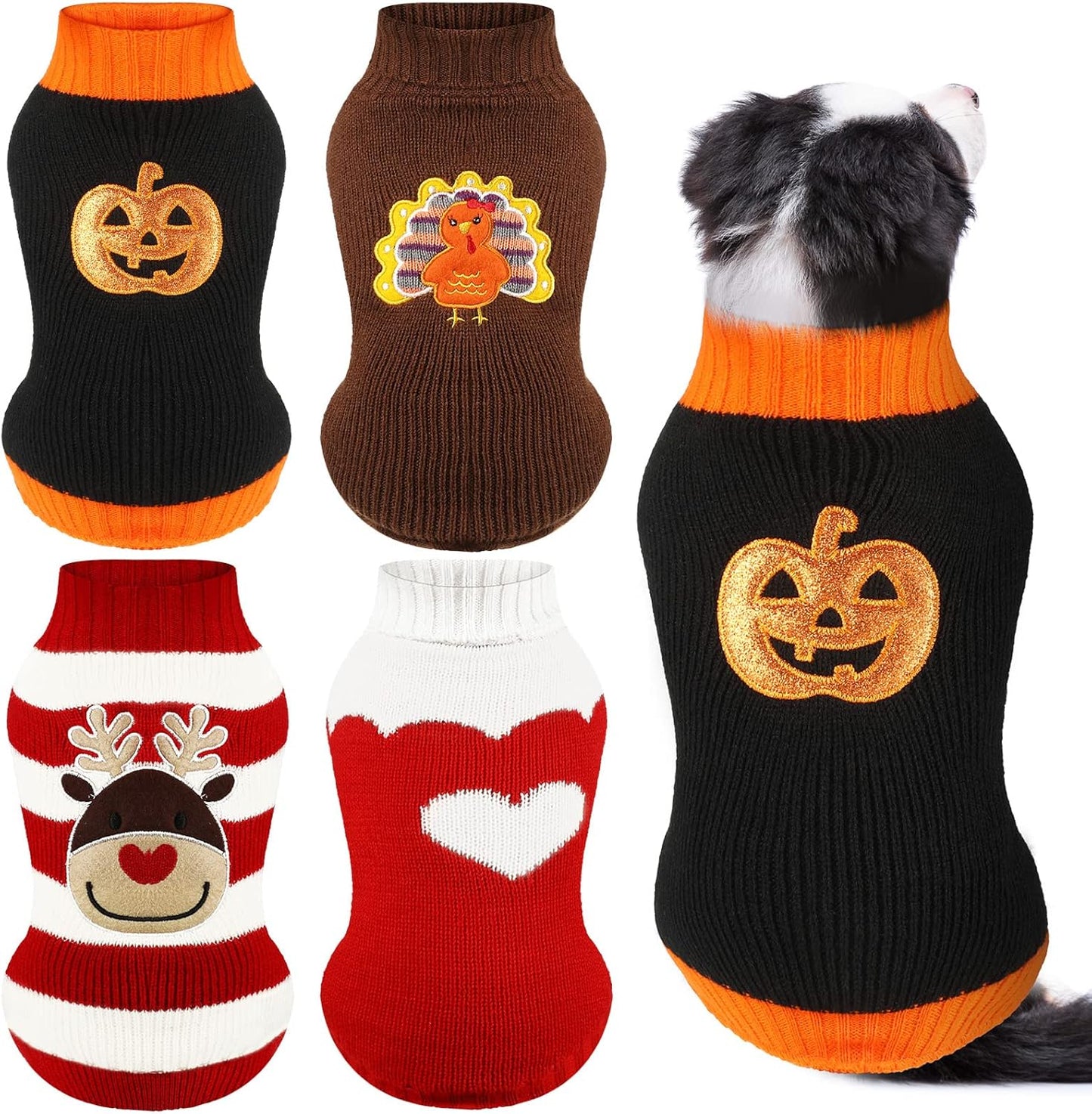 4 Pieces Christmas Dog Sweaters Halloween Puppy Holiday Sweaters Santa Reindeer Snowman Snowflake Pumpkin Pet Clothes for Xmas Dog Cat Costume(Cute Pattern,X-Large)