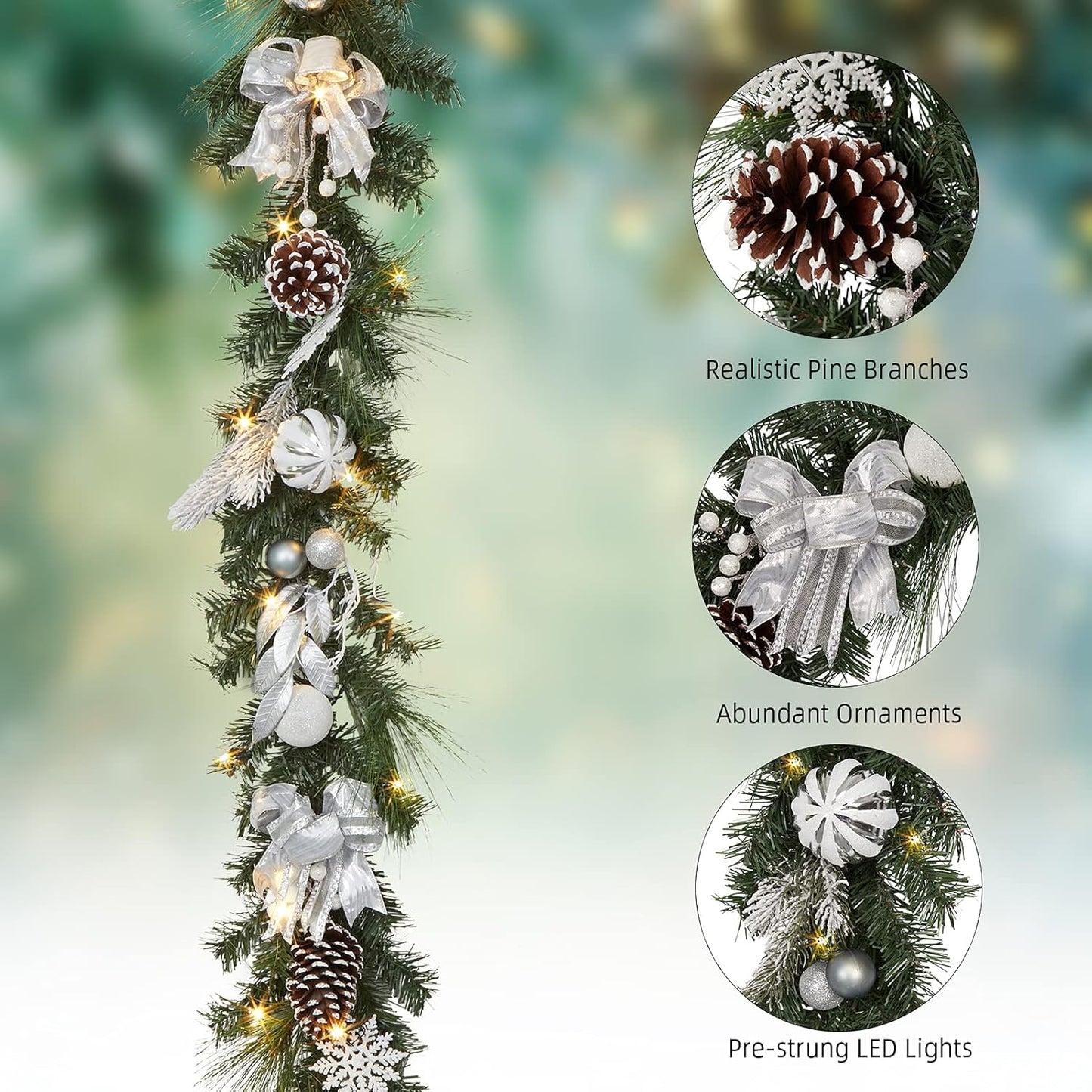 Christmas Garland with Lights, 6 Ft Pre-Lit Silver White Christmas Garland with Ball Ornaments Pine Cones Berries Battery Operated Lights for Indoor Outdoor Fireplace Staircase Decoration