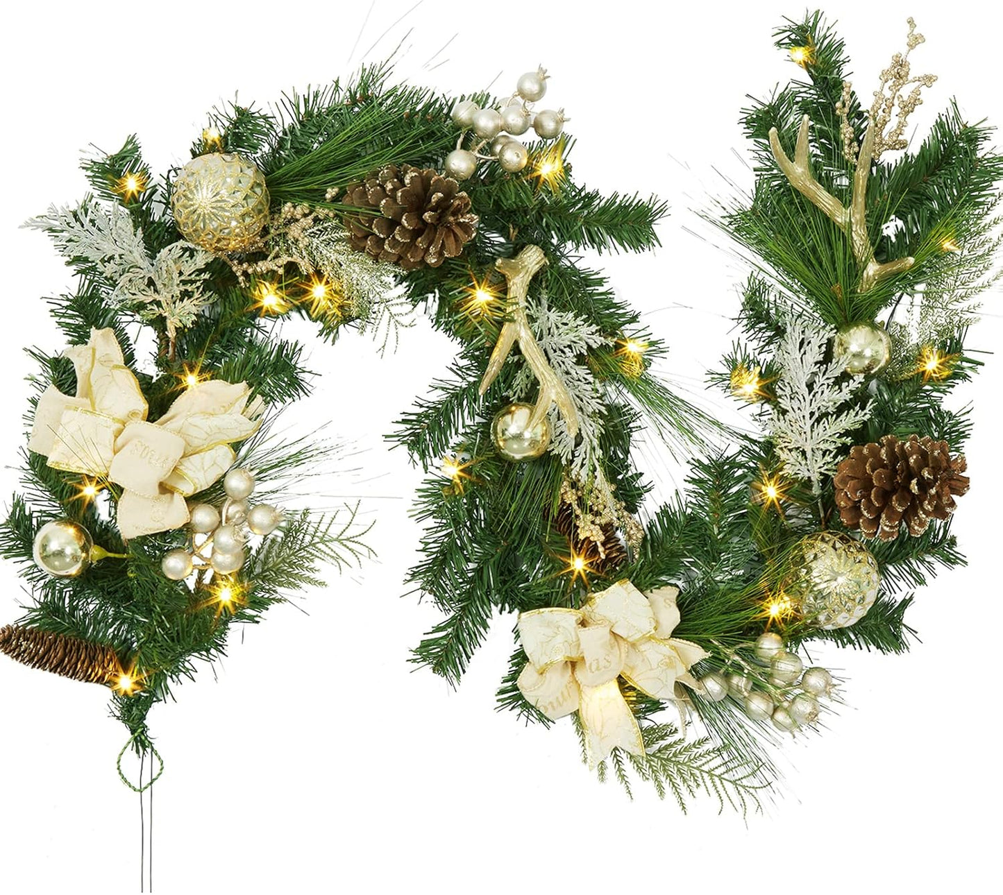 Christmas Garland with Lights, 6 Ft Pre-Lit Silver White Christmas Garland with Ball Ornaments Pine Cones Berries Battery Operated Lights for Indoor Outdoor Fireplace Staircase Decoration