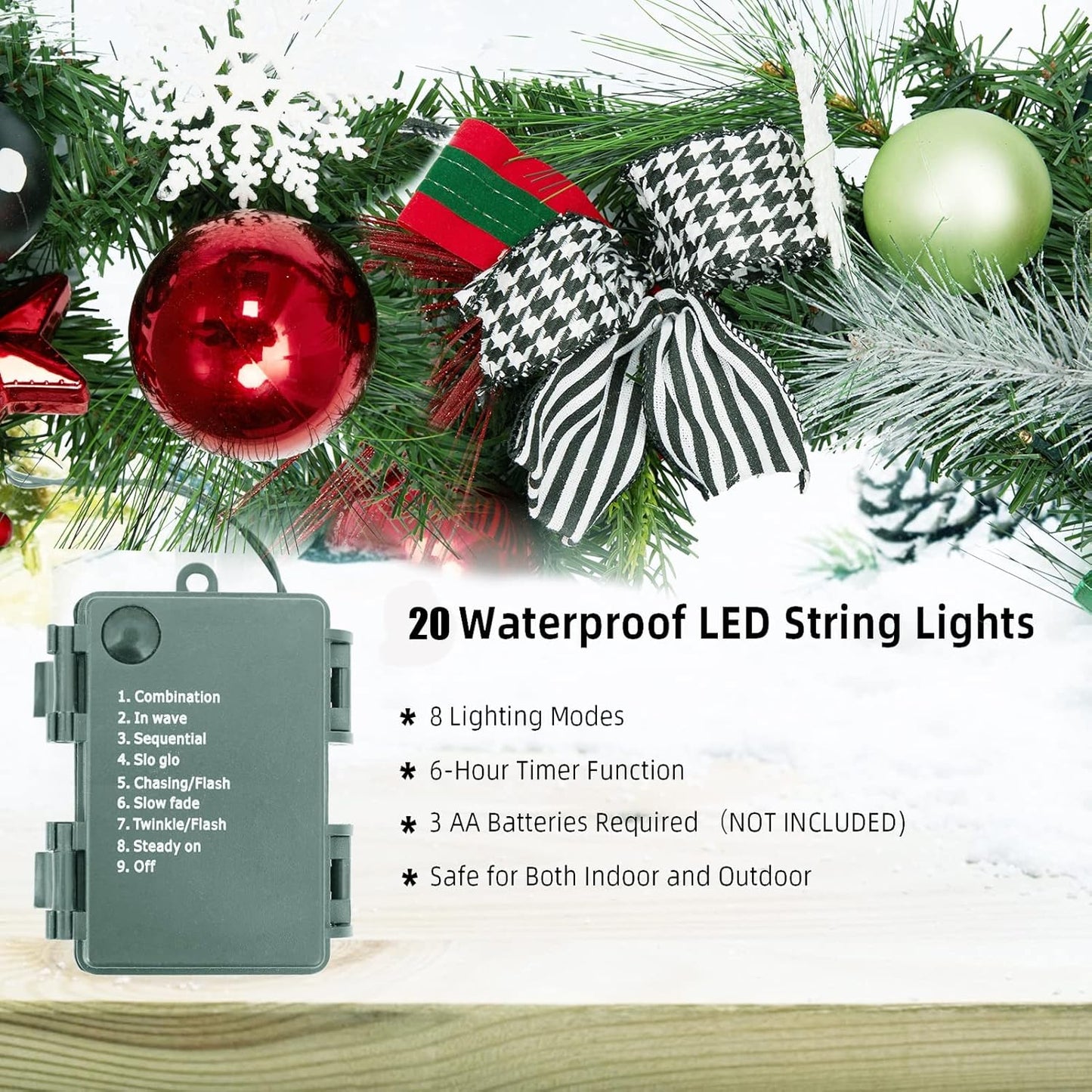6 FT Christmas Garland with Lights, Pre-Lit Outdoor Garland with Battery Operated 20 LED Lights, Holiday Garland with Stars, Flower, Berry Branches(Red and Green)