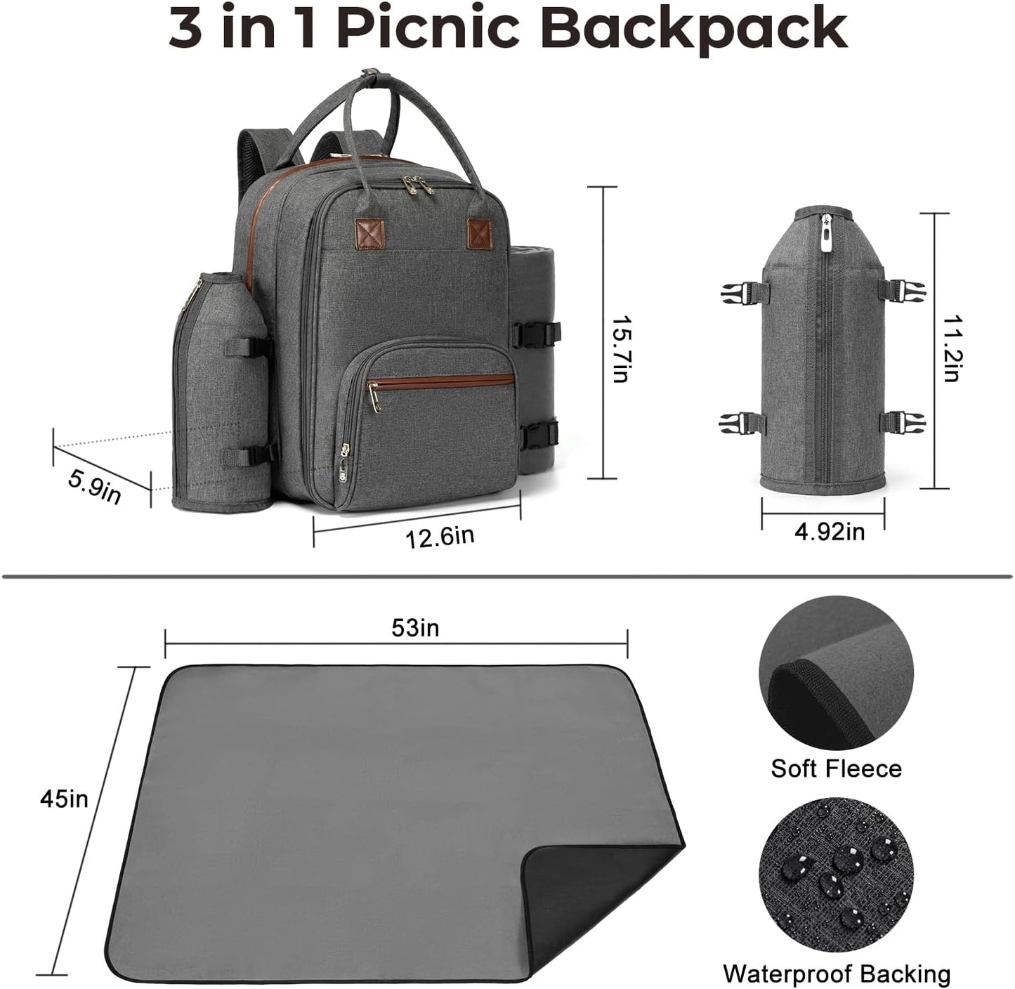 Picnic Backpack for 2 Person W/ Detachable Bottle/Wine Holder, Fleece Blanket, Plates and Cutlery Set (Grey)