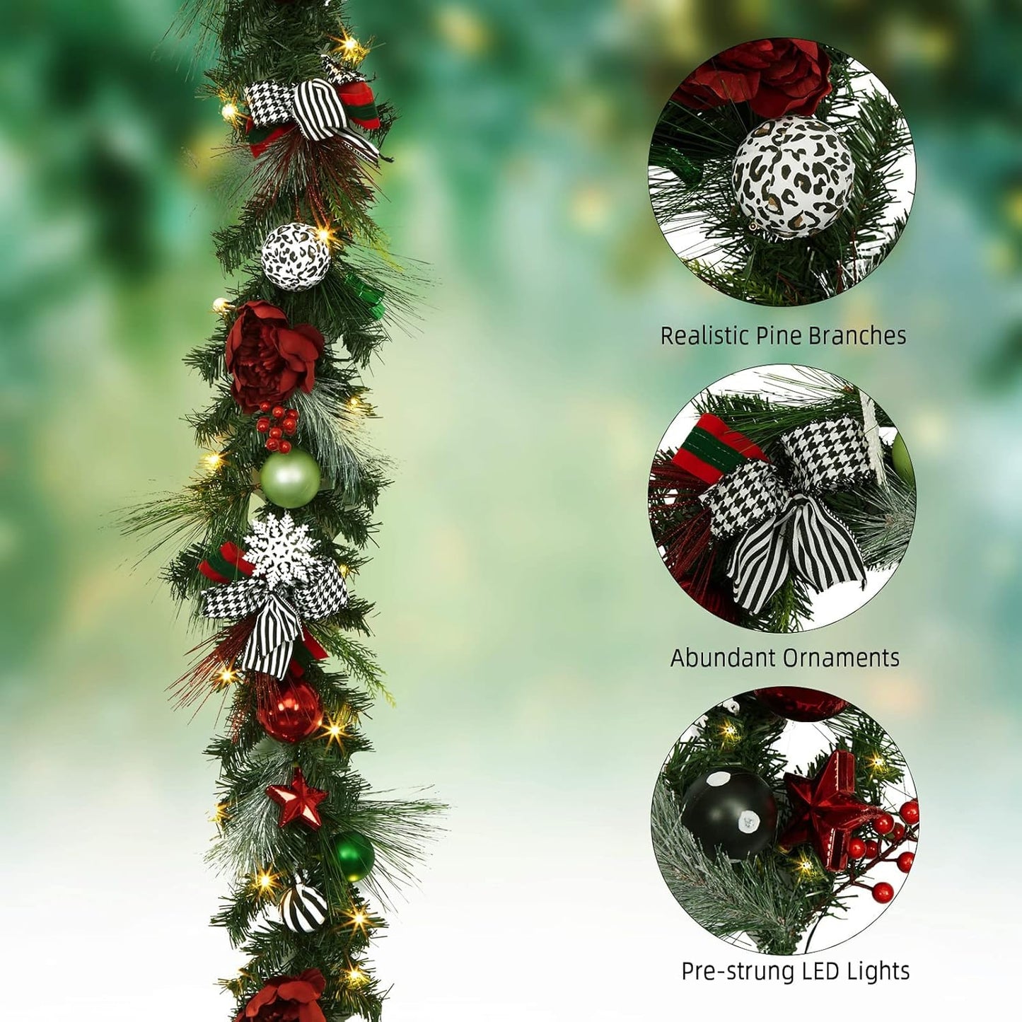 6 FT Christmas Garland with Lights, Pre-Lit Outdoor Garland with Battery Operated 20 LED Lights, Holiday Garland with Stars, Flower, Berry Branches(Red and Green)