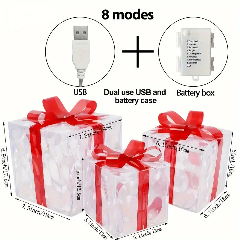 3Pcs Lighted Gift Boxes Decorations, Decorative Boxes, Christmas Tree Skirt Ornament for Holiday, Party, Christmas