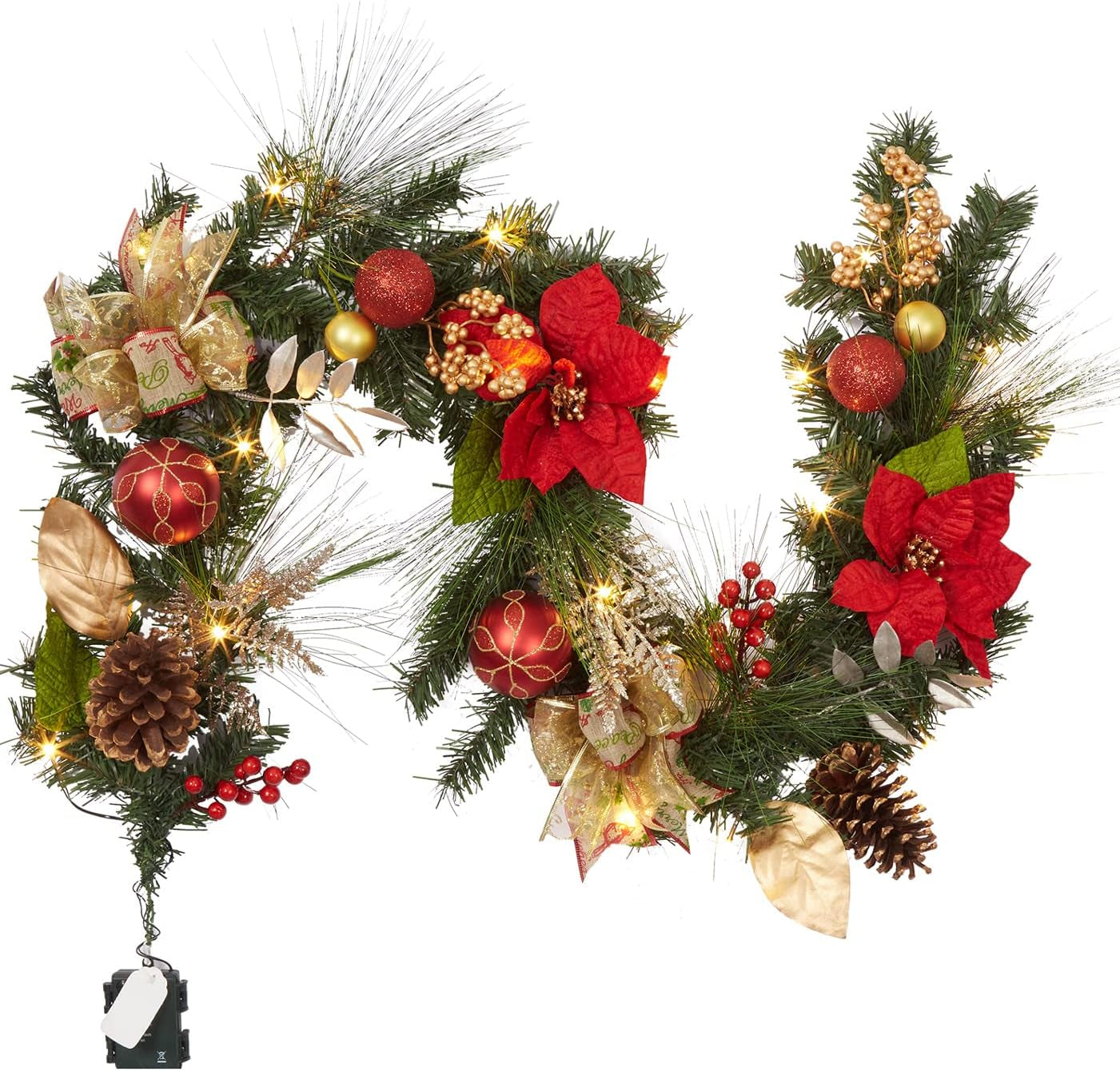 6 FT Christmas Garland with Lights, Pre-Lit Outdoor Garland with Battery Operated 20 LED Lights, Holiday Garland with Stars, Flower, Berry Branches(Red and Green)