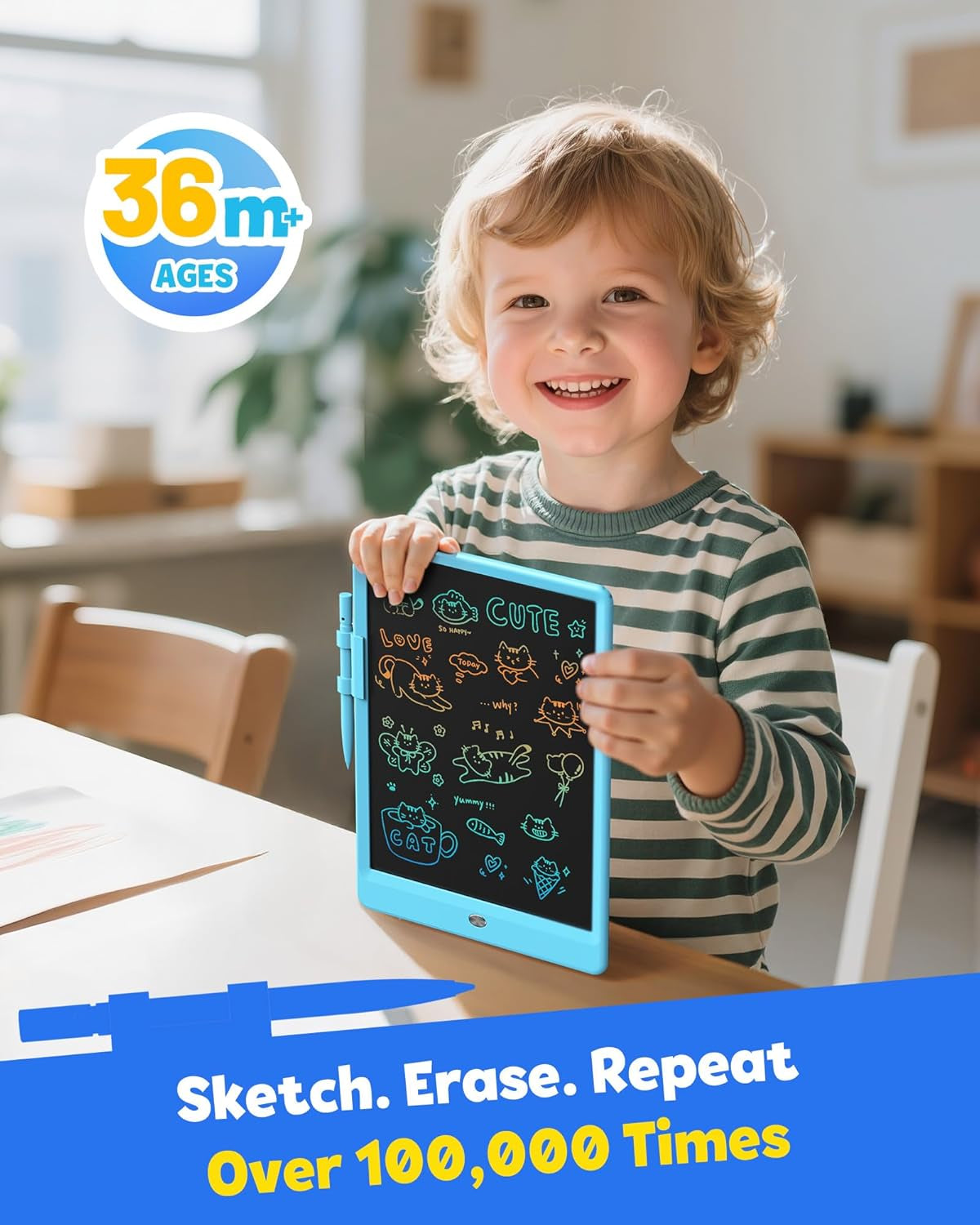 LCD Writing Tablet Doodle Board, 10Inch Colorful Drawing Tablet Writing Pad, Kids Travel Essentials, Toddler Toys for 3 4 5 6 7 8 Year Old Girls Boys (Blue)