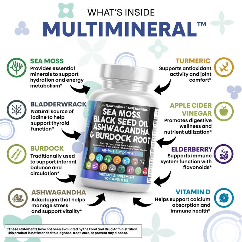 Multimineral Sea Moss Black Seed Oil Ashwagandha Turmeric Bladderwrack Burdock Vitamin C Vitamin D3 with Elderberry Manuka Dietary Supplement Pills