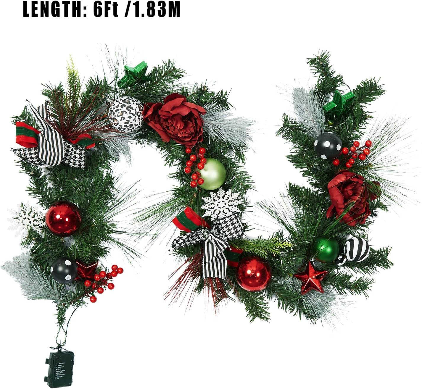 6 FT Christmas Garland with Lights, Pre-Lit Outdoor Garland with Battery Operated 20 LED Lights, Holiday Garland with Stars, Flower, Berry Branches(Red and Green)