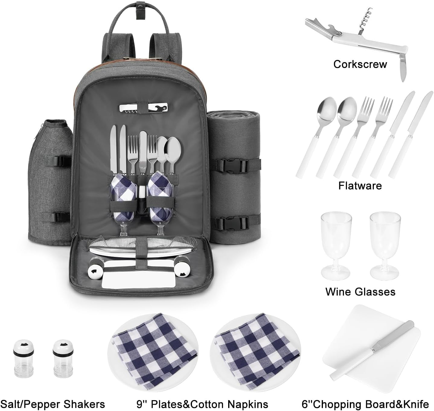 Picnic Backpack for 2 Person W/ Detachable Bottle/Wine Holder, Fleece Blanket, Plates and Cutlery Set (Grey)