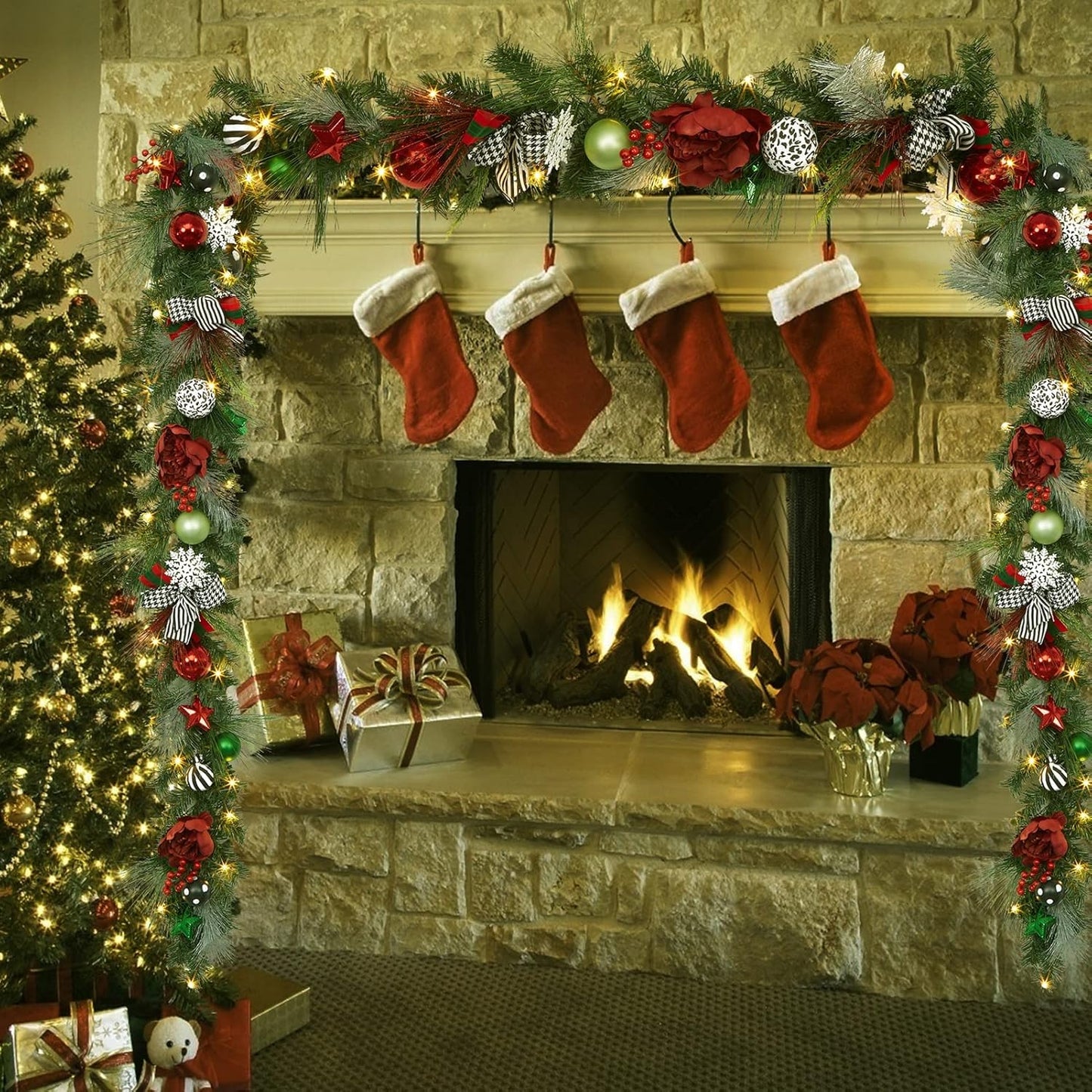 6 FT Christmas Garland with Lights, Pre-Lit Outdoor Garland with Battery Operated 20 LED Lights, Holiday Garland with Stars, Flower, Berry Branches(Red and Green)