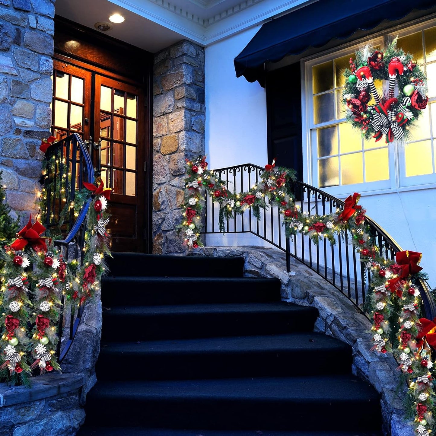 6 FT Christmas Garland with Lights, Pre-Lit Outdoor Garland with Battery Operated 20 LED Lights, Holiday Garland with Stars, Flower, Berry Branches(Red and Green)