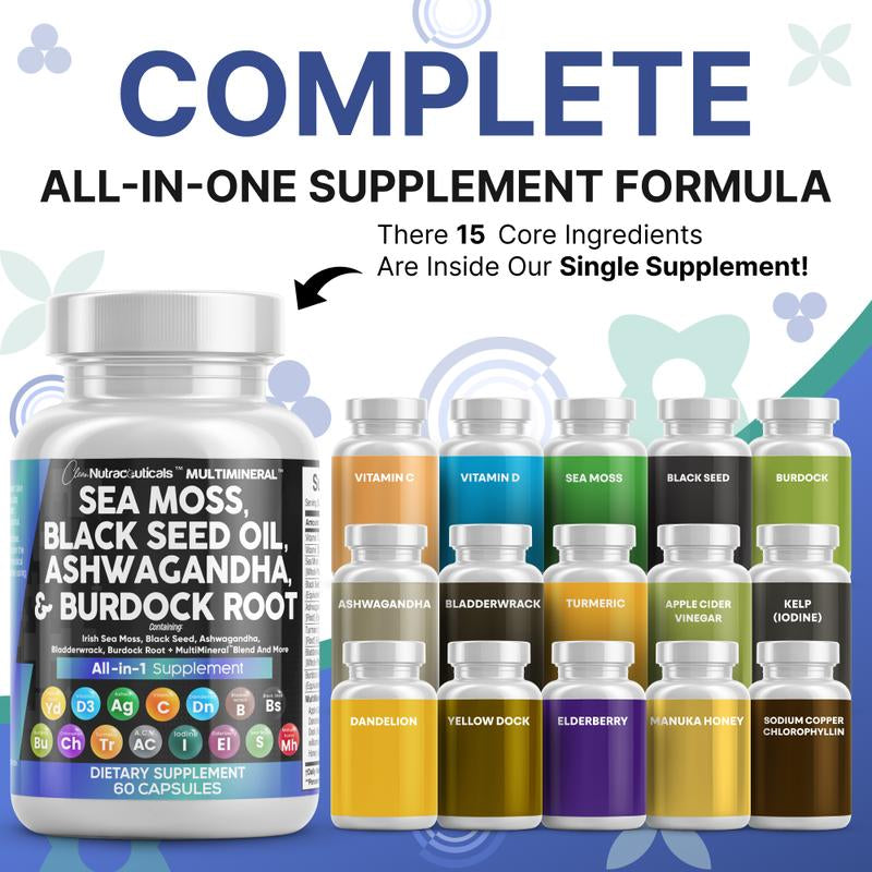 Multimineral Sea Moss Black Seed Oil Ashwagandha Turmeric Bladderwrack Burdock Vitamin C Vitamin D3 with Elderberry Manuka Dietary Supplement Pills