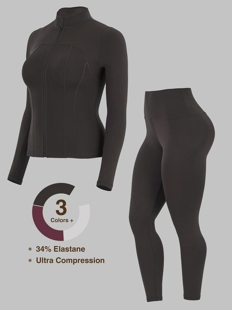 Women'S Solid Zip up Jacket & High Waist Leggings Tracksuit Set, Sporty Breathable Comfy Outfits for Yoga Gym Workout Running, Ladies Sportswear for All Seasons