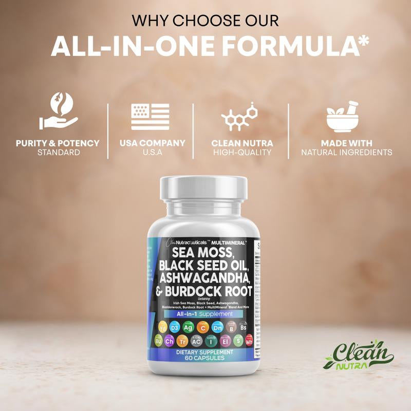 Multimineral Sea Moss Black Seed Oil Ashwagandha Turmeric Bladderwrack Burdock Vitamin C Vitamin D3 with Elderberry Manuka Dietary Supplement Pills