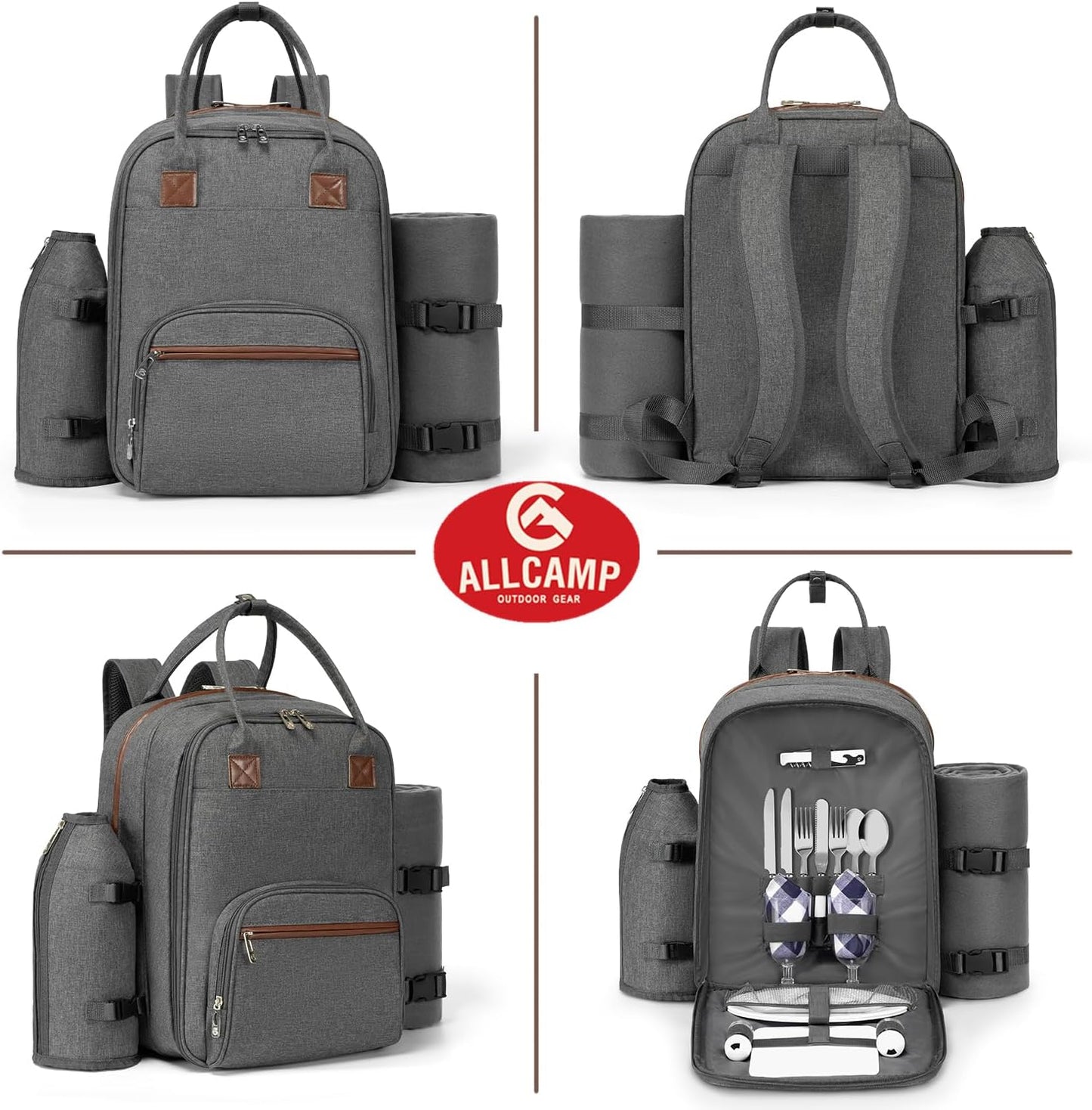 Picnic Backpack for 2 Person W/ Detachable Bottle/Wine Holder, Fleece Blanket, Plates and Cutlery Set (Grey)