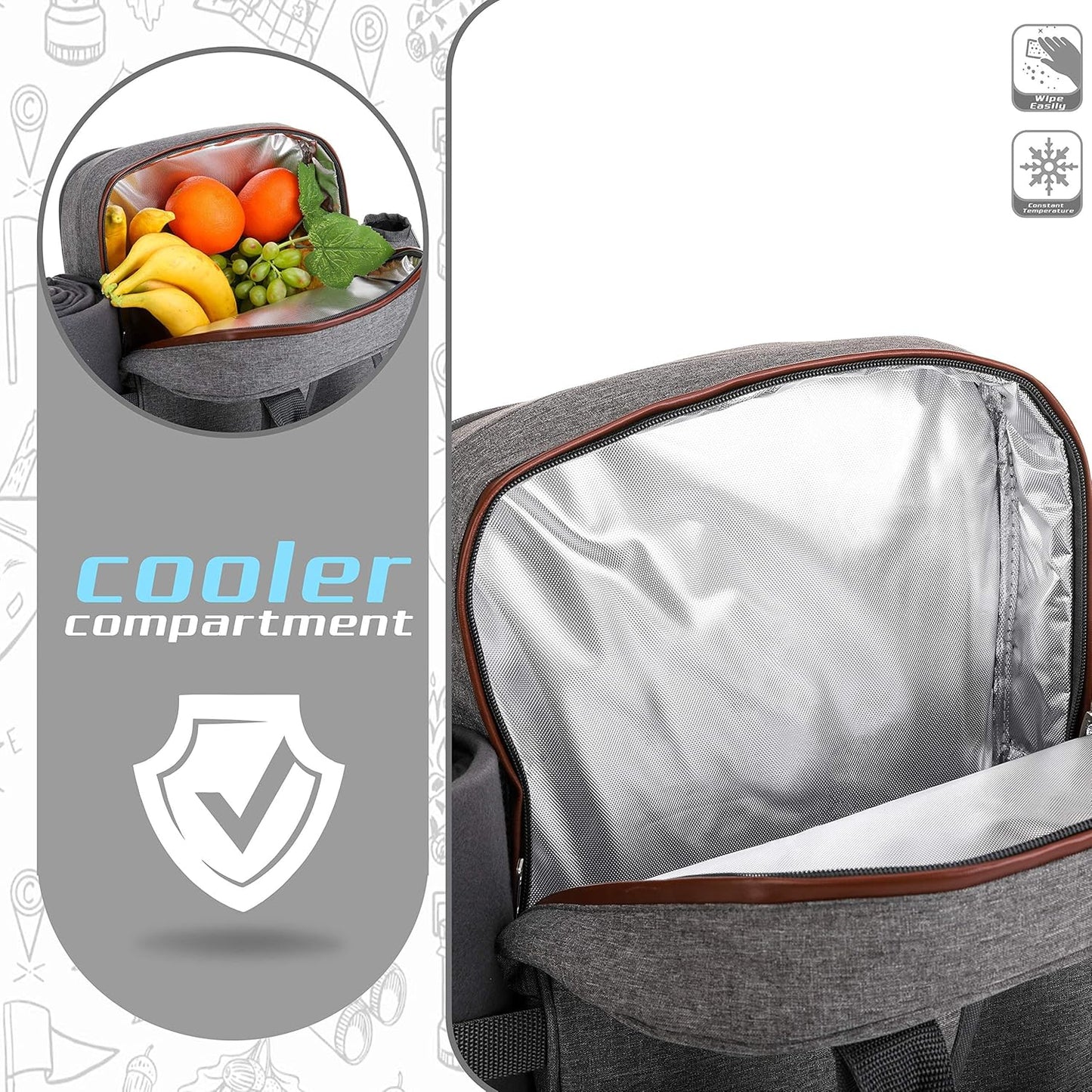 Picnic Backpack for 2 Person W/ Detachable Bottle/Wine Holder, Fleece Blanket, Plates and Cutlery Set (Grey)