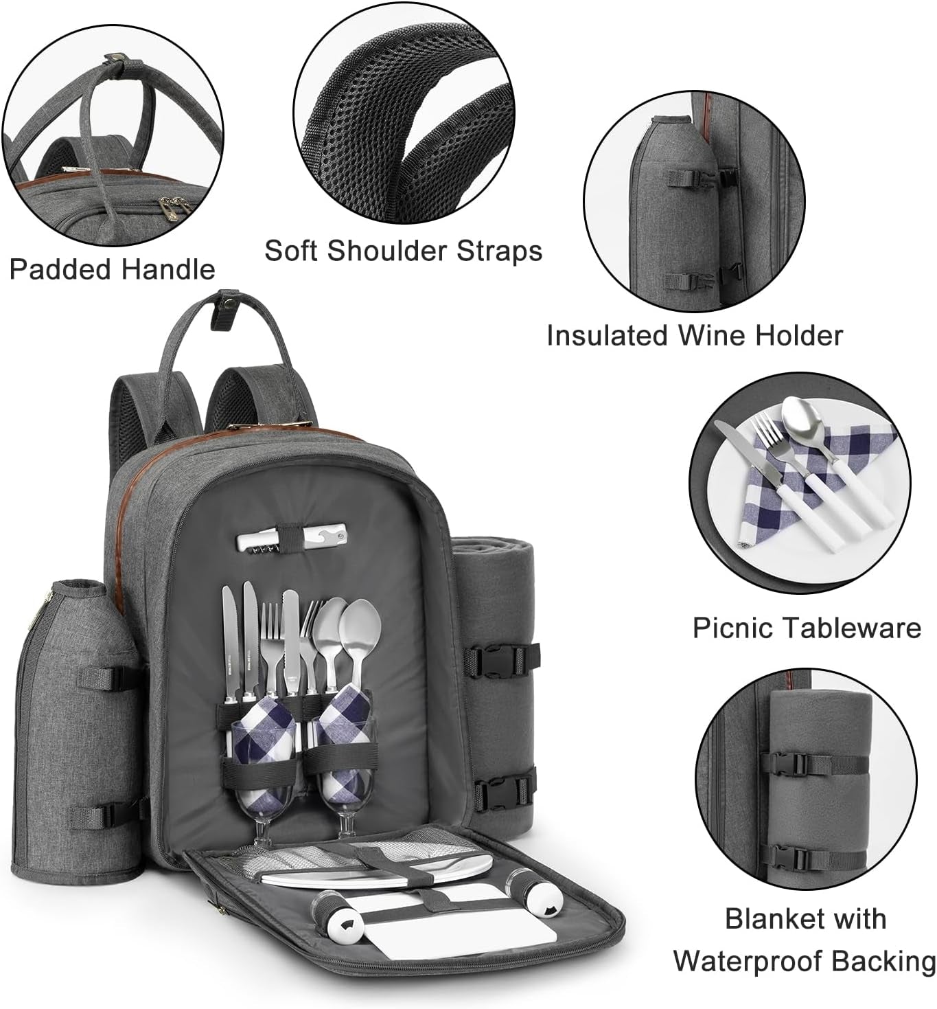 Picnic Backpack for 2 Person W/ Detachable Bottle/Wine Holder, Fleece Blanket, Plates and Cutlery Set (Grey)