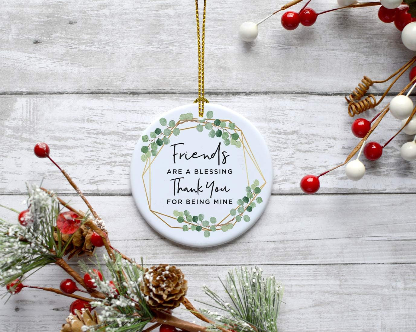 round Ceramic Porcelain Christmas Tree Ornament Keepsake Collectible Gift for Friend, Friends Are a Blessing Thank You for Being Mine, Greenery Floral, 1-Pack,