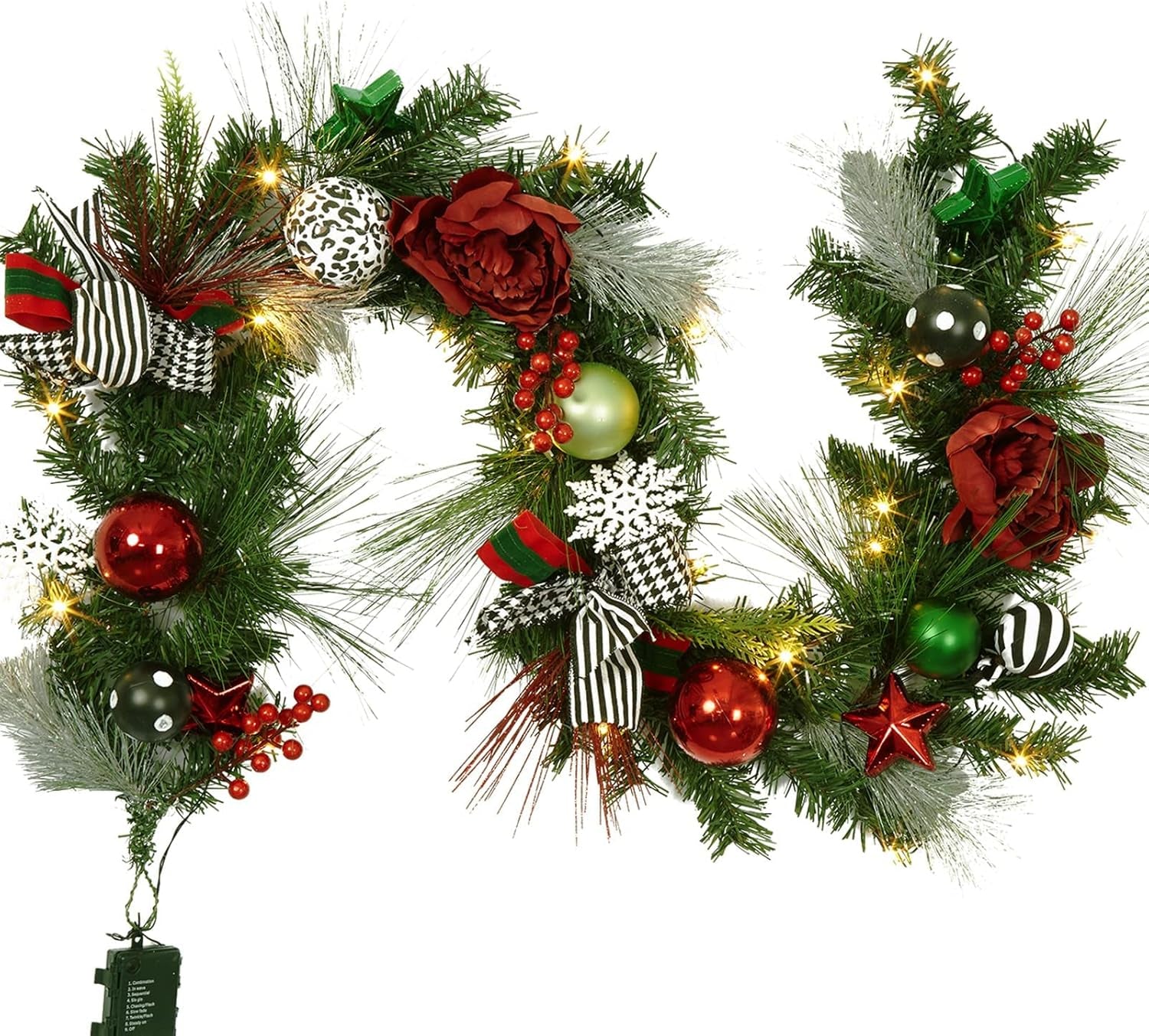 6 FT Christmas Garland with Lights, Pre-Lit Outdoor Garland with Battery Operated 20 LED Lights, Holiday Garland with Stars, Flower, Berry Branches(Red and Green)