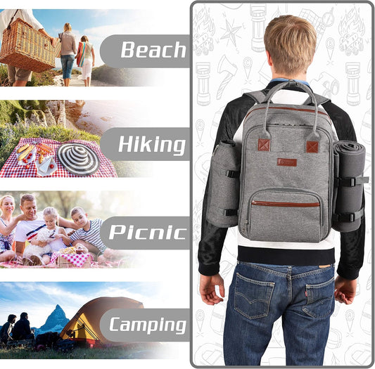 Picnic Backpack for 2 Person W/ Detachable Bottle/Wine Holder, Fleece Blanket, Plates and Cutlery Set (Grey)
