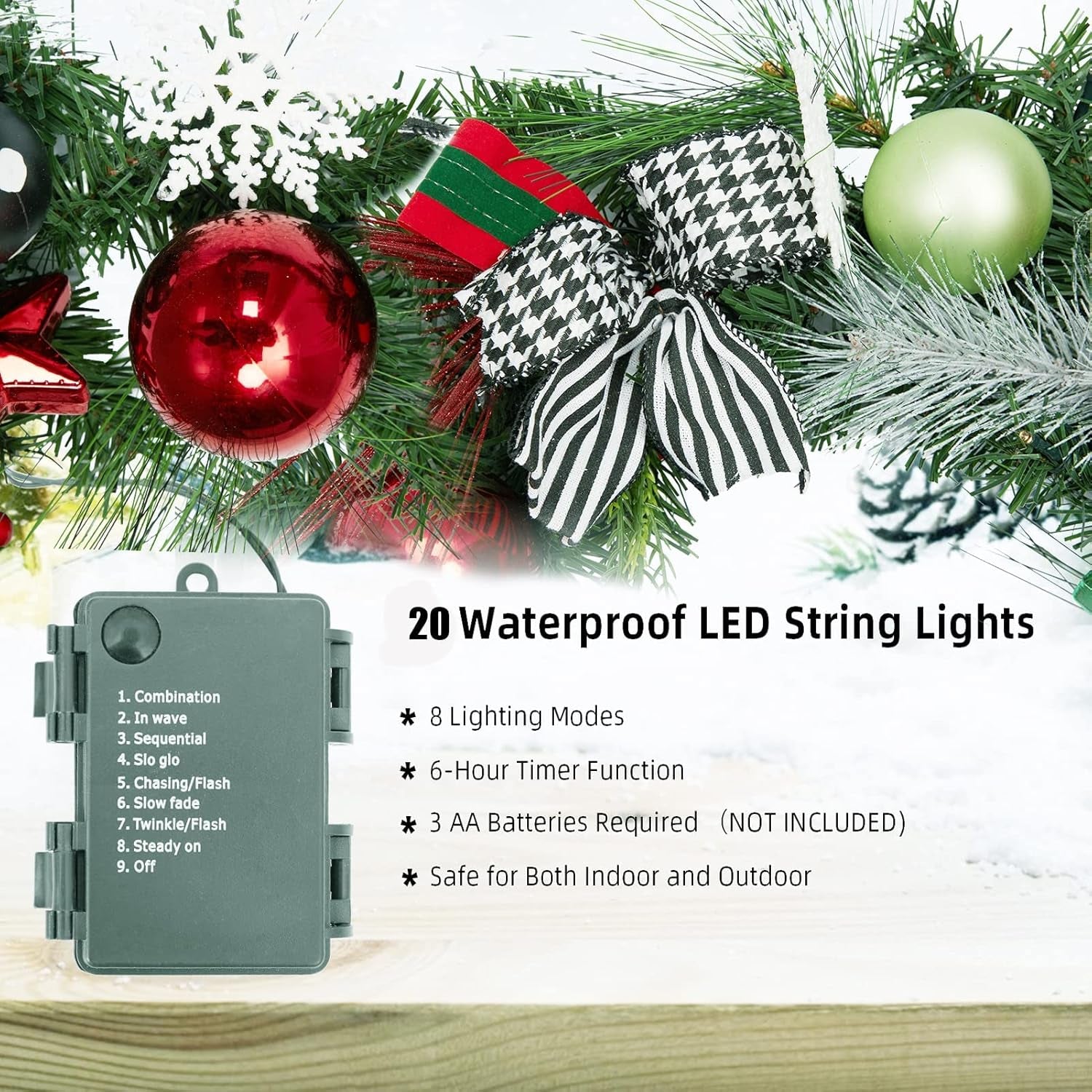 6 FT Christmas Garland with Lights, Pre-Lit Outdoor Garland with Battery Operated 20 LED Lights, Holiday Garland with Stars, Flower, Berry Branches(Red and Green)