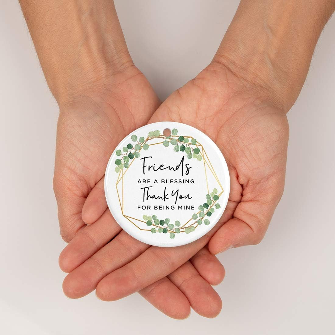 round Ceramic Porcelain Christmas Tree Ornament Keepsake Collectible Gift for Friend, Friends Are a Blessing Thank You for Being Mine, Greenery Floral, 1-Pack,