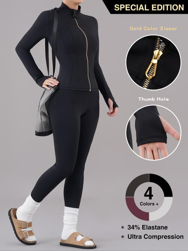 Women'S Solid Zip up Jacket & High Waist Leggings Tracksuit Set, Sporty Breathable Comfy Outfits for Yoga Gym Workout Running, Ladies Sportswear for All Seasons