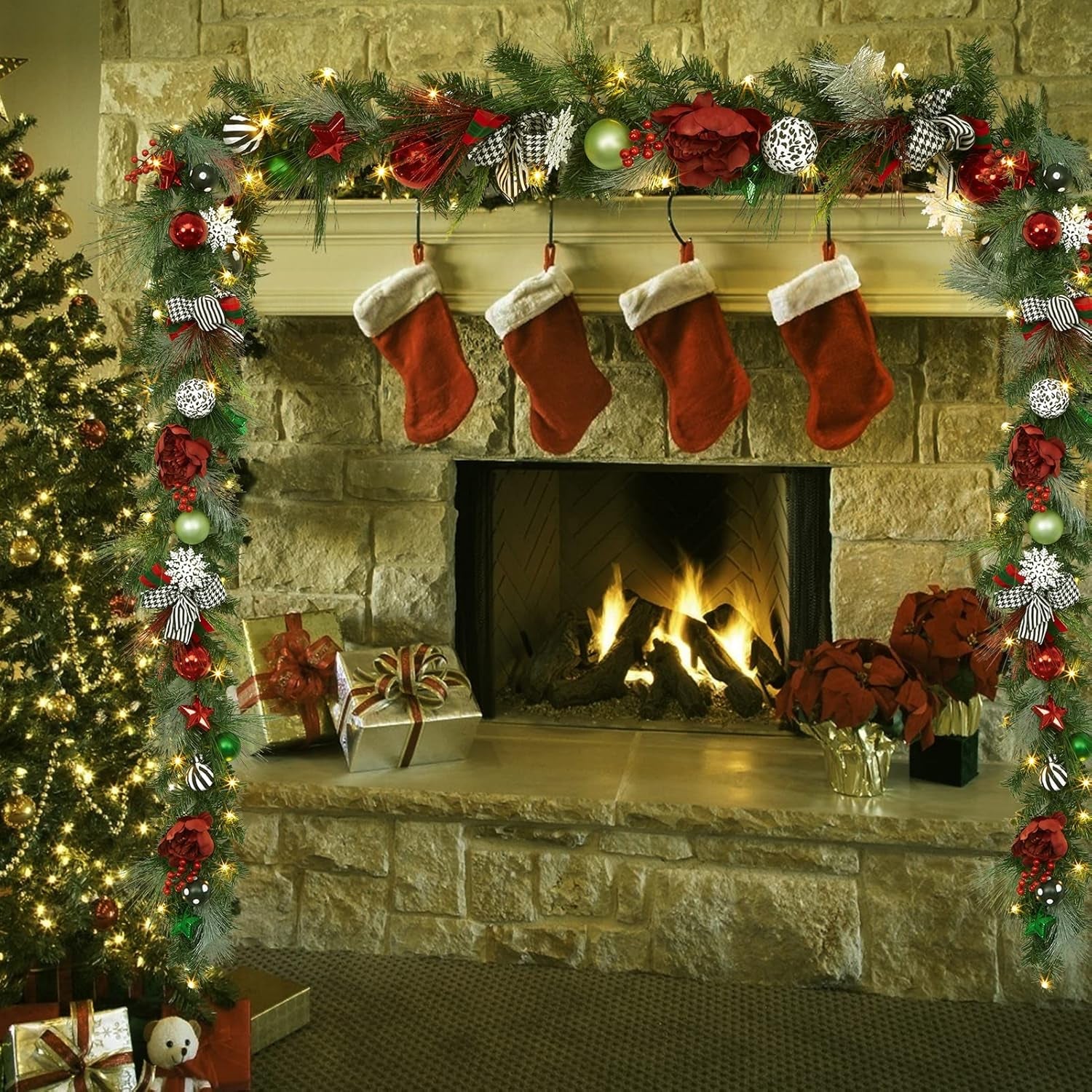 6 FT Christmas Garland with Lights, Pre-Lit Outdoor Garland with Battery Operated 20 LED Lights, Holiday Garland with Stars, Flower, Berry Branches(Red and Green)