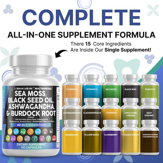Multimineral Sea Moss Black Seed Oil Ashwagandha Turmeric Bladderwrack Burdock Vitamin C Vitamin D3 with Elderberry Manuka Dietary Supplement Pills