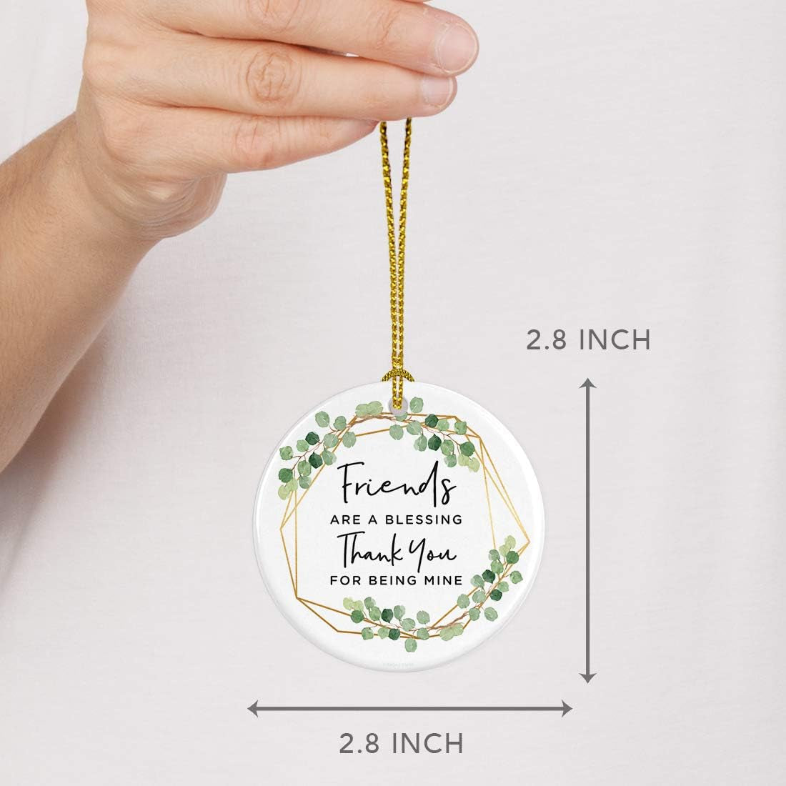 round Ceramic Porcelain Christmas Tree Ornament Keepsake Collectible Gift for Friend, Friends Are a Blessing Thank You for Being Mine, Greenery Floral, 1-Pack,