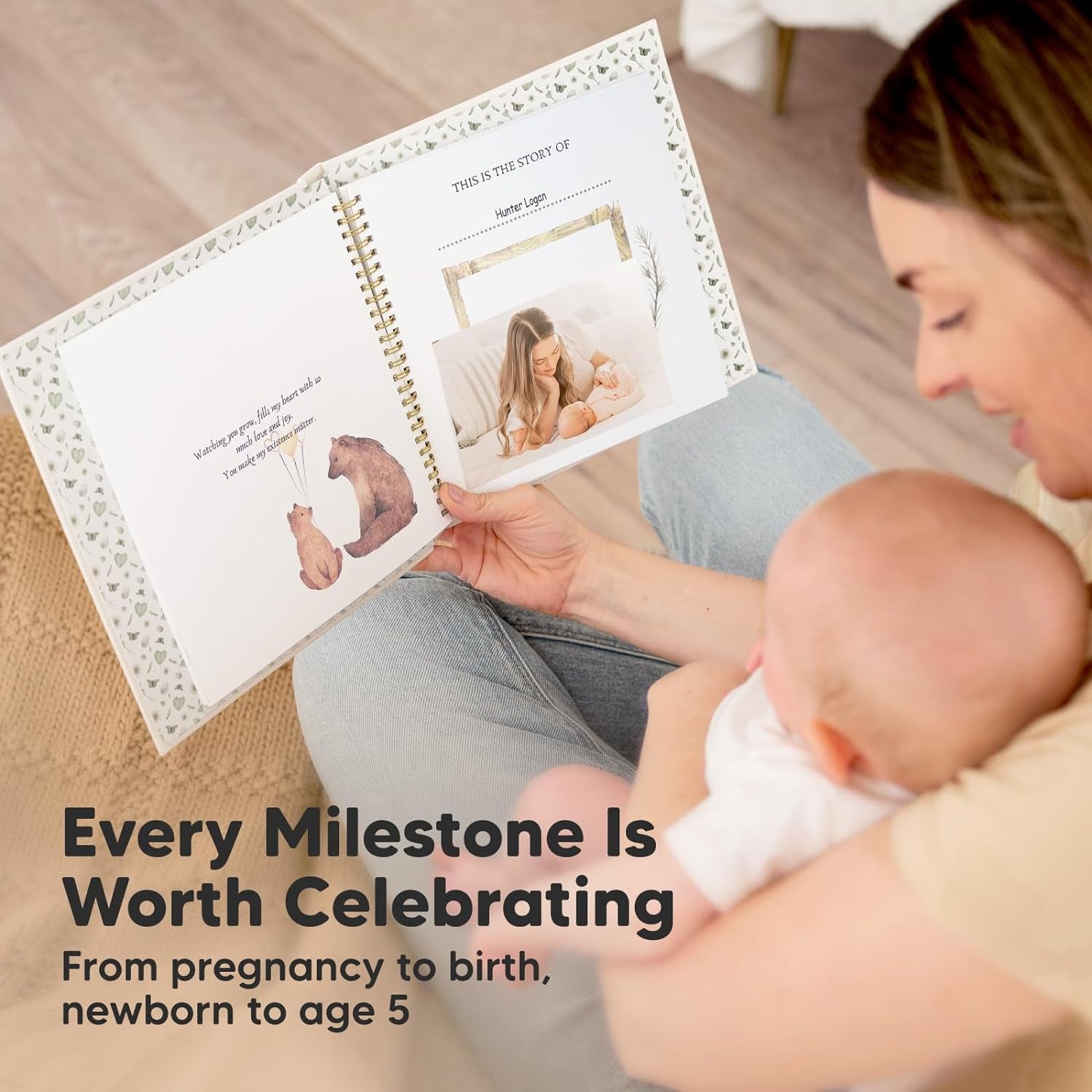 First 5 Years Baby Memory Book Girl, Boy - 90 Pages Hardcover First Year Milestone Keepsake Book, Newborn Scrapbook for New Parents, Minimalist Photo Album Journal, Gift for Baby Shower (Wonderland)