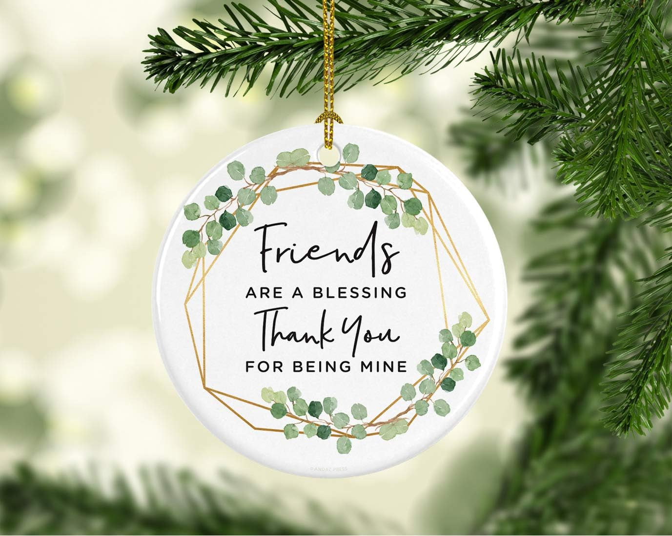round Ceramic Porcelain Christmas Tree Ornament Keepsake Collectible Gift for Friend, Friends Are a Blessing Thank You for Being Mine, Greenery Floral, 1-Pack,